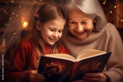 Generative AI : Happy family, grandmother and child reading book, laughing and bond with senior woman,