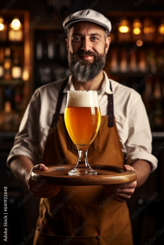 Generative AI : Freshly tapped beer. Bartender holding a freshly tapped glass of beer in his hand