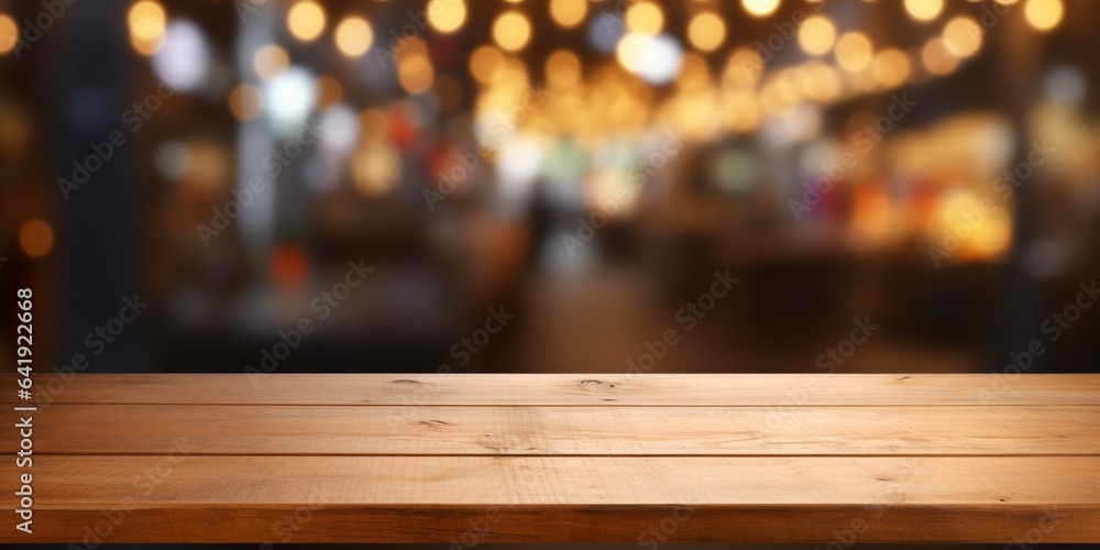 Generative AI : background Image of wooden table in front of abstract blurred restaurant lights