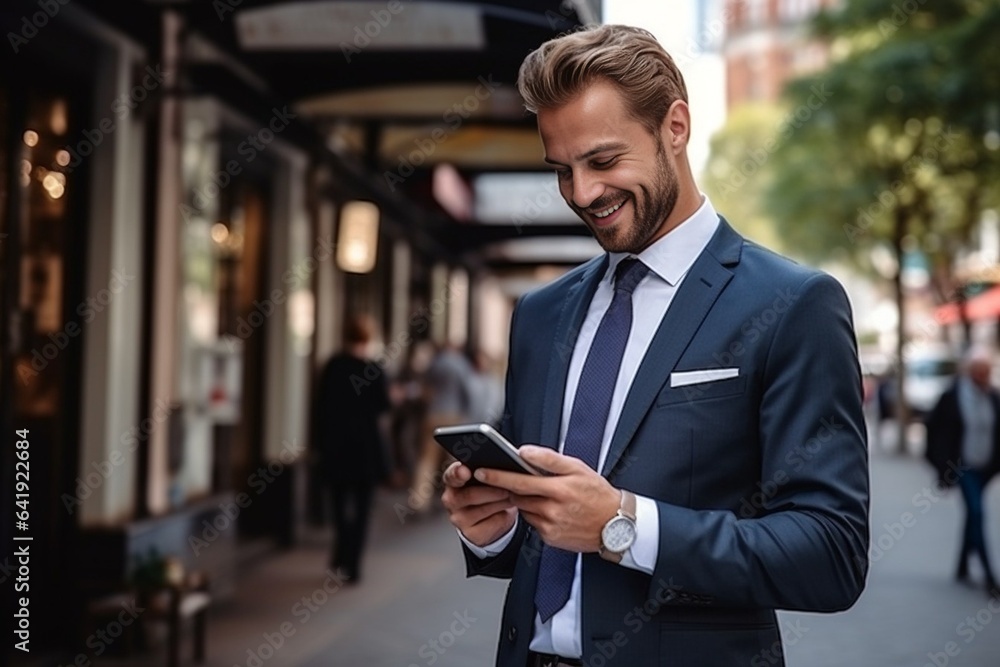 Generative AI : A young man businessman walks down the street in a suit and reads messages, news on the phone. He looks at the screen with a smile, calls, chats. Generative AI : A young man businessman walks down the street in a suit and reads messages, news on the phone. He looks at the screen with a smile, calls, chats.