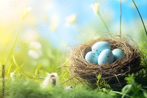 A Natural Nest Filled with Easter Eggs on a Sunny Spring Meadow - AI Generated