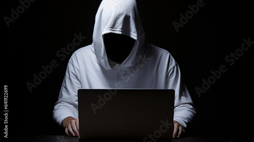 Hacker in White Hoodie Stealing Data from Laptop in a Dark Black Background