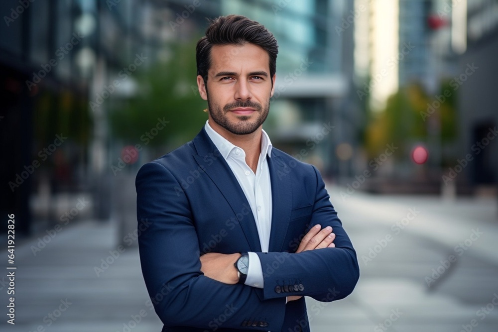 Generative AI : Portrait of a handsome young businessman, manager, leader standing in a suit near the office center and crossing his arms confidently smiling at the camera. Generative AI : Portrait of a handsome young businessman, manager, leader standing in a suit near the office center and crossing his arms confidently smiling at the camera.