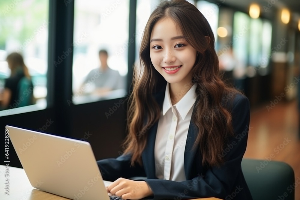 Generative AI : Close-up photo. Portrait of a young woman student wearing a suit studying online. He looks at the camera with a smile. Generative AI : Close-up photo. Portrait of a young woman student wearing a suit studying online. He looks at the camera with a smile.