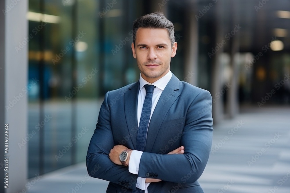 Generative AI : Portrait of a handsome young businessman, manager, leader standing in a suit near the office center and crossing his arms confidently smiling at the camera. Generative AI : Portrait of a handsome young businessman, manager, leader standing in a suit near the office center and crossing his arms confidently smiling at the camera.