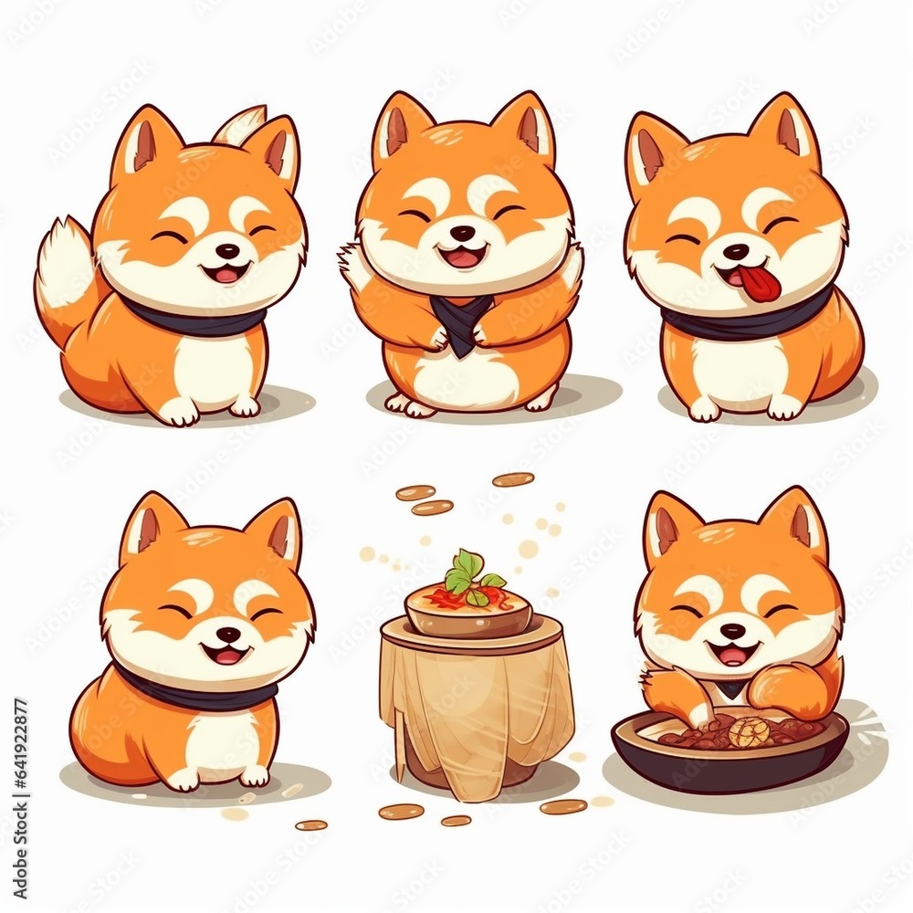 Generative AI : Set of shiba inu sushi hand drawn on white background Generative AI : Set of shiba inu sushi hand drawn on white background