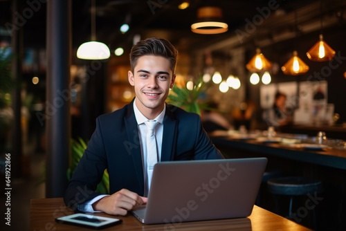 Generative AI : Close-up photo. Portrait of a young man student wearing a suit studying online. He looks at the camera with a smile.