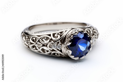 Generative AI : Blue Sapphire Silver Ring For Women's Wedding, Engagement. Blue Gemstone Jewelry. Seamless White Background