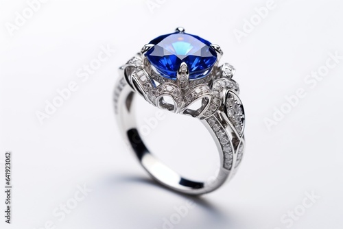 Generative AI   Blue Sapphire Silver Ring For Women s Wedding  Engagement. Blue Gemstone Jewelry. Seamless White Background