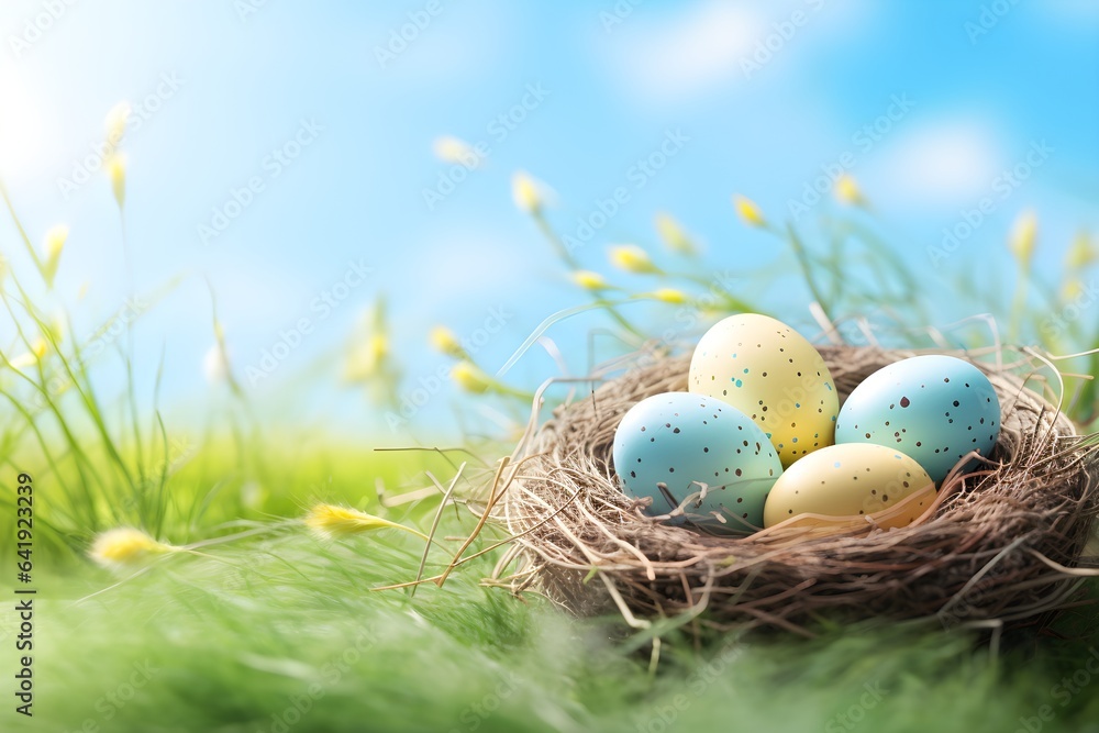 Festive Easter Nest with Colorful Eggs in Spring Meadow - AI Generated Festive Easter Nest with Colorful Eggs in Spring Meadow - AI Generated
