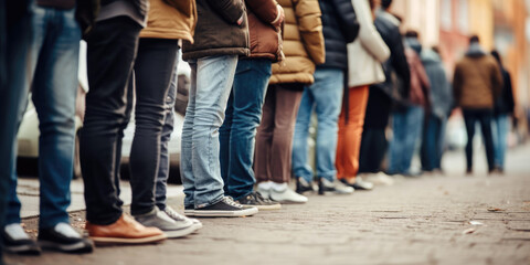 Group of people standing in a line on the street. 