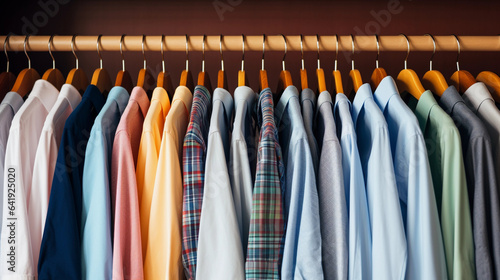 A Rack of Shirts Hanging on a Rail in a Closet, Organized and Fashion-Ready