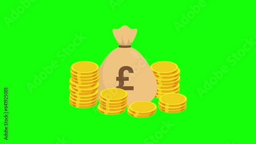Sack full of pound sterling cash money and gold coins. Money bag animation on green screen. Wealth, financial, business, savings and banking concept.