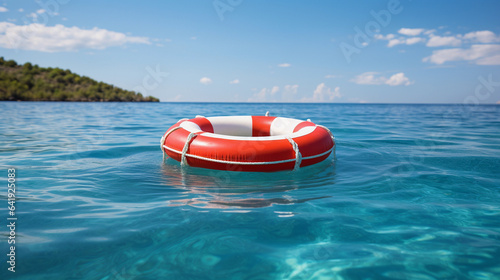 A Red and White Life Preserver Floating on Calm Blue Water, Ensuring Peaceful Serenity