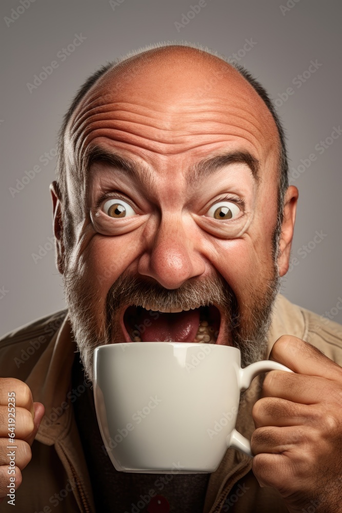 Funny excited middle aged man drinks a morning coffee. Generative AI Funny excited middle aged man drinks a morning coffee. Generative AI
