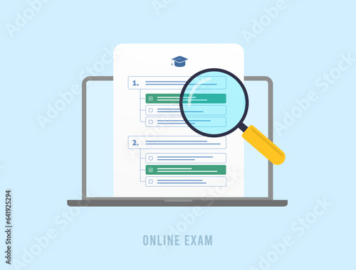 Learning with Online Exam, Internet Quiz and Surveys. Distant Education and E-Learning Experience. Online exam vector illustration isolated on white background with icons