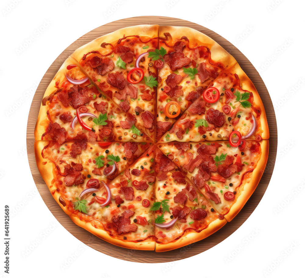 Illustration of pizza with bacon on wooden board isolated on transparent background, top view Illustration of pizza with bacon on wooden board isolated on transparent background, top view