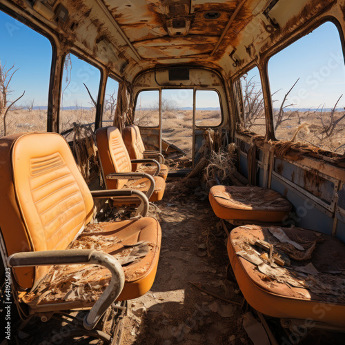 Deserted bus driver seat aerial view spotted through 