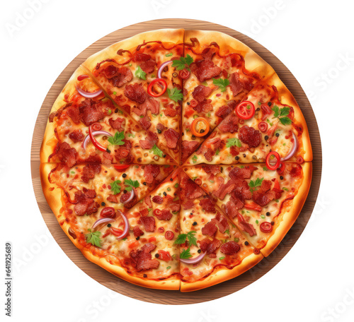 Illustration of pizza with bacon on wooden board isolated on transparent background, top view