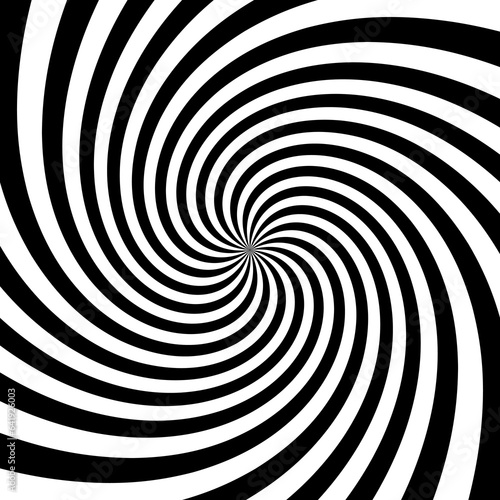 Hypnotic spinning vortex background. Radial optical illusion. Black and white swirl wallpaper. Rotating concentric curves. Whirlpool design for poster, banner, flyer. Vector illustration