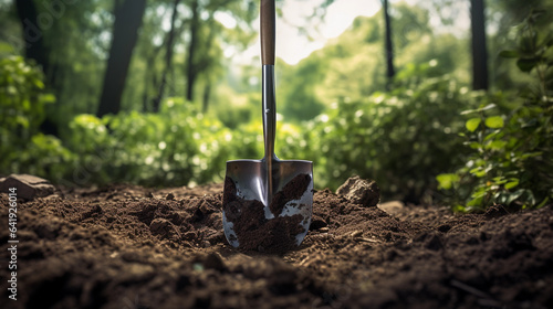 A Shovel in the Garden Dirt with a Blurry Background of Trees, Capturing the Serenity of Outdoor Work photo