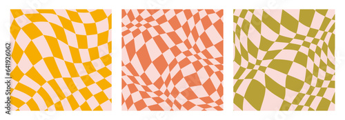 Groovy checkerboard background set. Retro wavy checkered pattern collection. Vintage psychedelic distorted gingham wallpaper bundle. Funky twisted cage backdrop in 60s, 70s, 80s style. Vector pack 