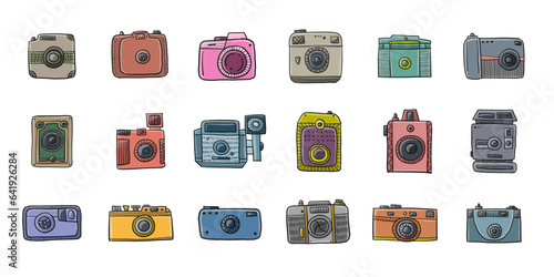 Old fashioned vintage photocamera. Retro and new collection for your design. Icons set. Vector illustration