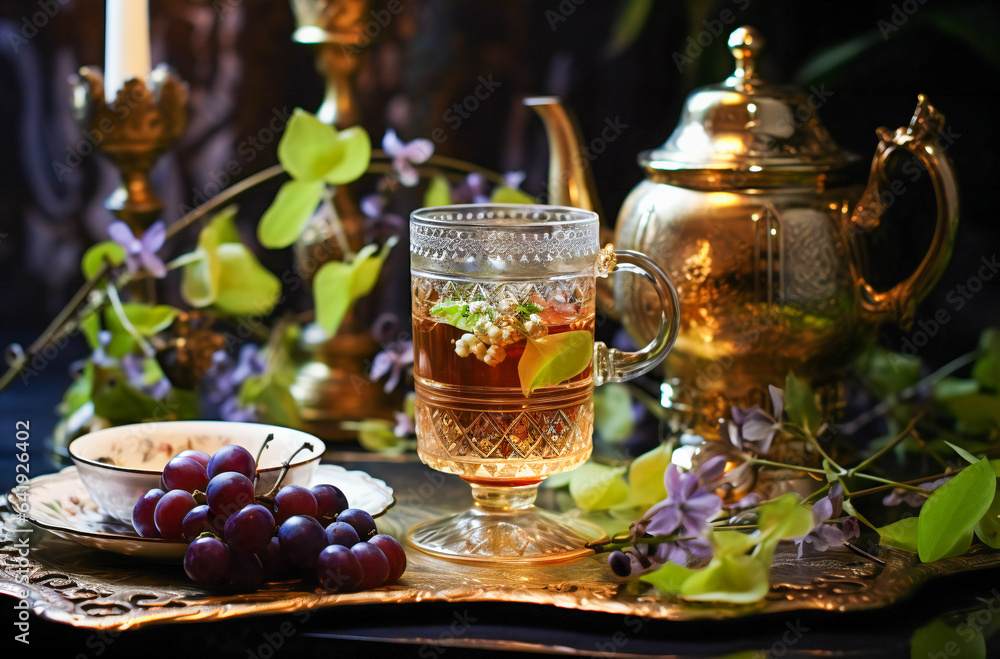 A cup of tea with green leaves around A cup of tea with green leaves around