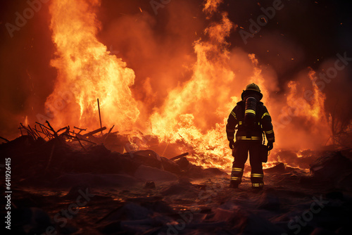 A firefighter in the woods, fighting fire