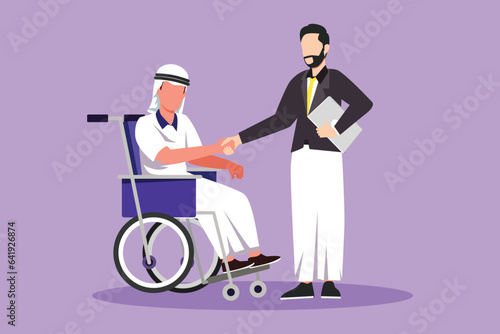 Character flat drawing disability employment responsibility, work for disabled people. Disable Arabian man sit in wheelchair shaking hand with colleague in office. Cartoon design vector illustration photo