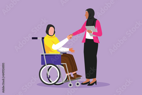 Character flat drawing disability employment responsibility, work for disabled people. Disable Arabian woman sit in wheelchair shaking hand with colleague in office. Cartoon design vector illustration