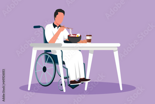Character flat drawing of young Arabian male wheelchair user eating ramen or noodles food sitting at table. Having lunch, snack in cafe. Society and disabled people. Cartoon design vector illustration