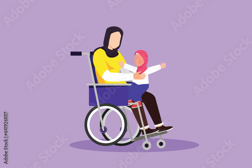Character flat drawing happy disabled mother with her child. Disability Arabic woman holding baby in her arms. Family love concept. Physical disability and society. Cartoon design vector illustration