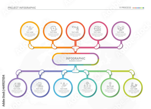 Infographic process design with icons and 11 options or steps.