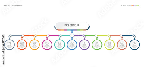 Infographic process design with icons and 11 options or steps.