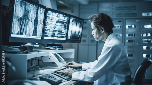 病院でMRI・CT・レントゲンなどの画像処理で病気をモニターで発見する医師（人間ドック・健康診断）
 photo