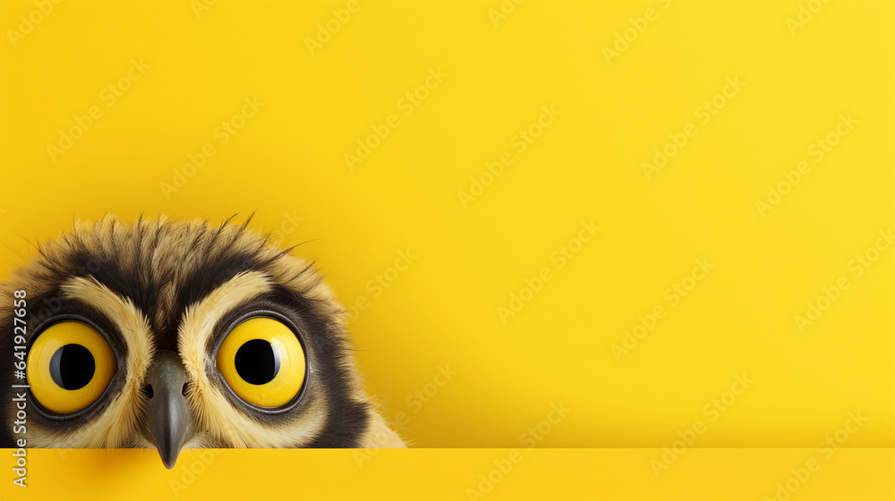 A Surprised Owl Peeking Out on a Yellow Background, Banner of Whimsical Wonder