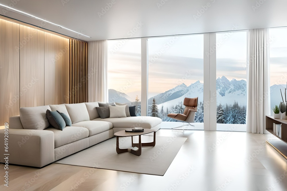 White living room interior with sofa and winter landscape in the window. Scandinavian house design. 3D illustration White living room interior with sofa and winter landscape in the window. Scandinavian house design. 3D illustration