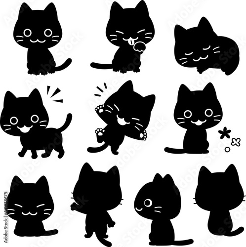 猫のポーズのモノクロイラストセット