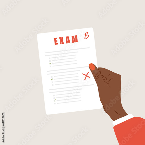 African female hand holding answer sheet after exam. School and college education concept. Vector illustration in flat cartoon style.