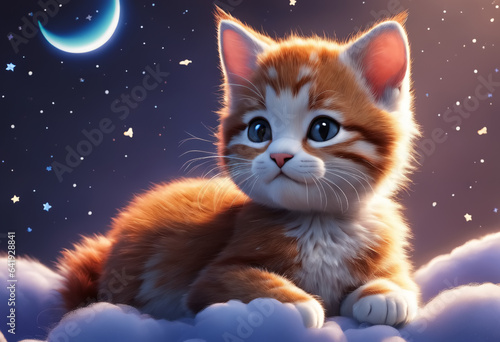 Cat sitting on fluffy cloud against sky background. Generative AI
