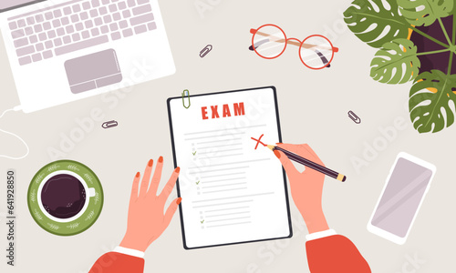 Female teacher checking answer sheet after exam. Top view workplace. School and college education concept. Vector illustration in flat cartoon style.