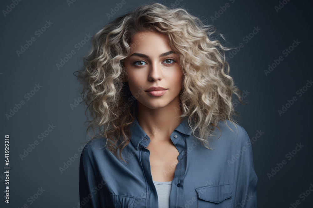 Multicultural young woman with curly white hair in a studio shot Multicultural young woman with curly white hair in a studio shot