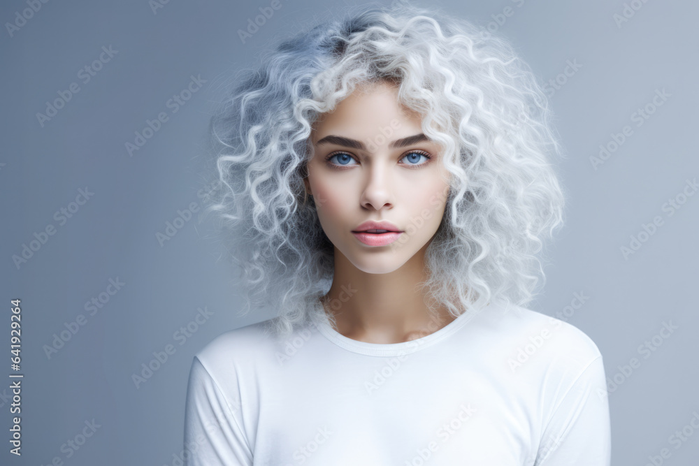 Multicultural young woman with curly white hair in a studio shot