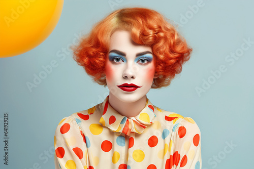 Woman dressed up with clown costume and red hair on pastel  vlue background Fototapet