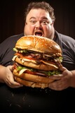 Funny fat  man eating a huge burger. Generative AI