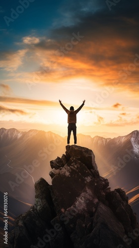 Reaching Your Goals Concept Depicted by a Person Triumphantly Standing on a Mountain Peak, Celebrating Achievement Against a Stunning Landscape