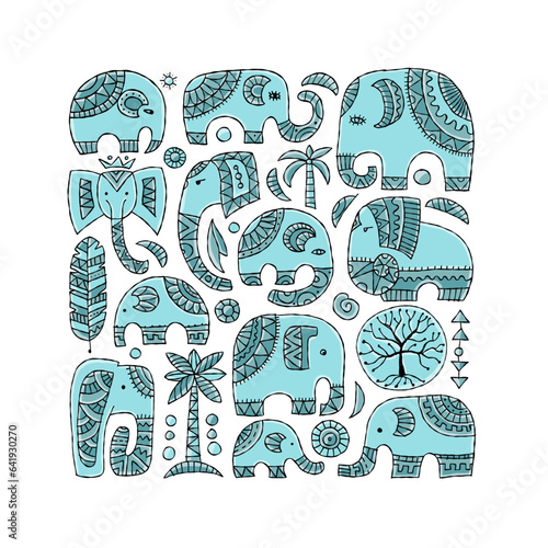 Elephant family. Square frame. Ethnic ornament for your design - cards, wall ...