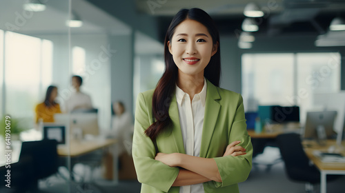 happy asian confident positive female entrepreneur standing in office arms crossed