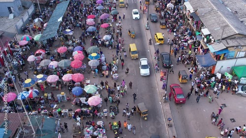 Drone shot of  Busy street heavy traffic,Africa congestion and  busy road in Nigeria Africa